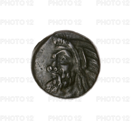 bronze coin, Pantikapaion; obverse: head of bearded Satyr to the left; reverse: bull's head to the