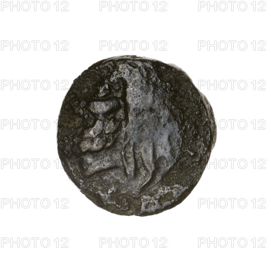 Bronze coin, Pantikapaion; obverse: head of bearded Satyr facing left; reverse: bull's head facing