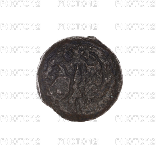 Bronze coin, Pantikapaion; obverse: head of beardless Satyr in an ivy wreath facing left; reverse:
