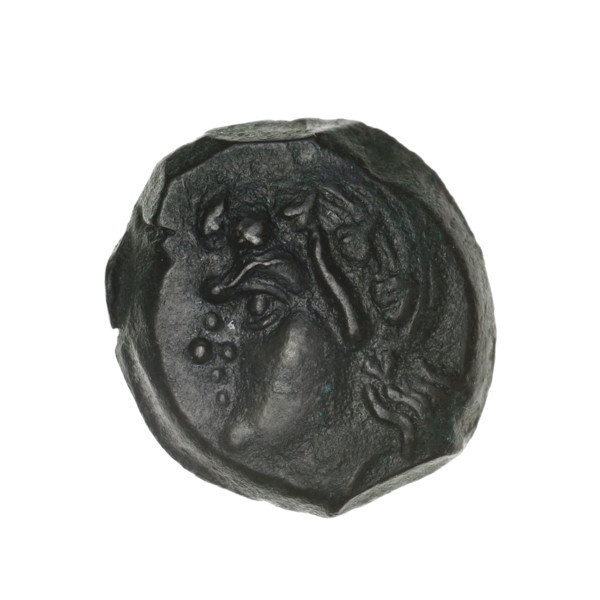 bronze coin, Pantikapaion; head of beardless Satyr in an ivy wreath to the left (obverse); bow and