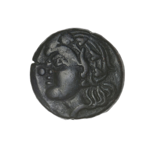 bronze coin, Pantikapaion; obverse: head of beardless Satyr in an ivy wreath facing left; reverse: