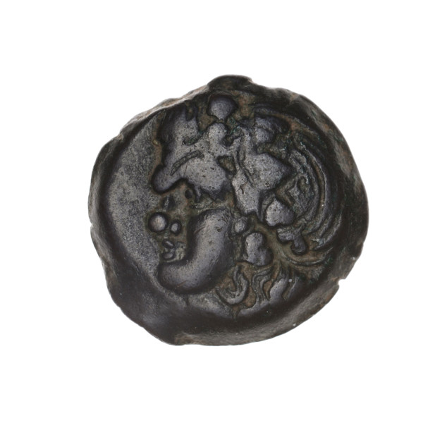 bronze coin, Pantikapaion; obverse: head of beardless Satyr in an ivy wreath left; reverse: bow and