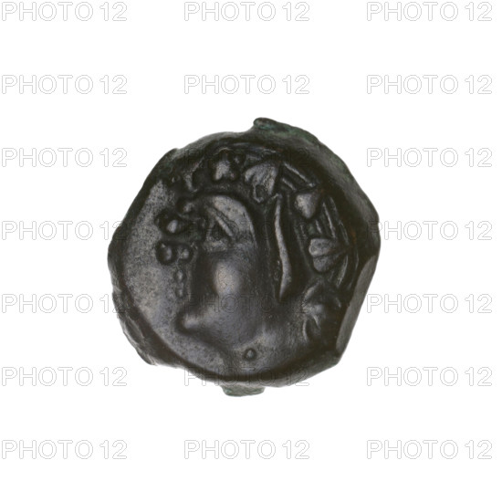 bronze coin, Pantikapaion; obverse: head of beardless Satyr in an ivy wreath facing left; reverse: