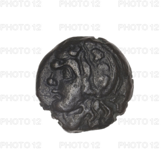 bronze coin, Pantikapaion; obverse: head of beardless Satyr in an ivy wreath facing left; reverse: