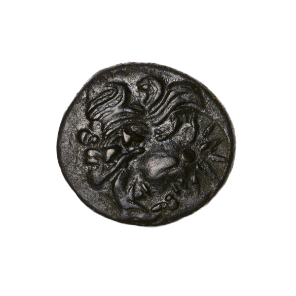 Bronze coin, Pantikapaion; obverse: head of a bearded Satyr in an ivy wreath to the left, pierced