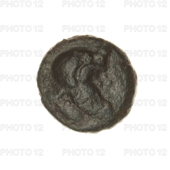 bronze coin, Pantikapaion; aw: head of a bearded Satyr in an ivy wreath facing right; rw: bow and
