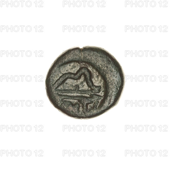 bronze coin, Pantikapaion; obverse: head of bearded Satyr in ivy wreath facing right; reverse: bow