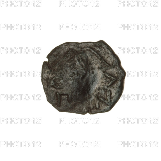Bronze coin, Pantikapaion; obverse: bearded Satyr's head to the right, countermark (tripod and