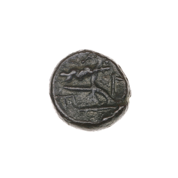 bronze coin, Pantikapaion; obverse: bull's head 3/4 to the right; reverse: plough to the left,