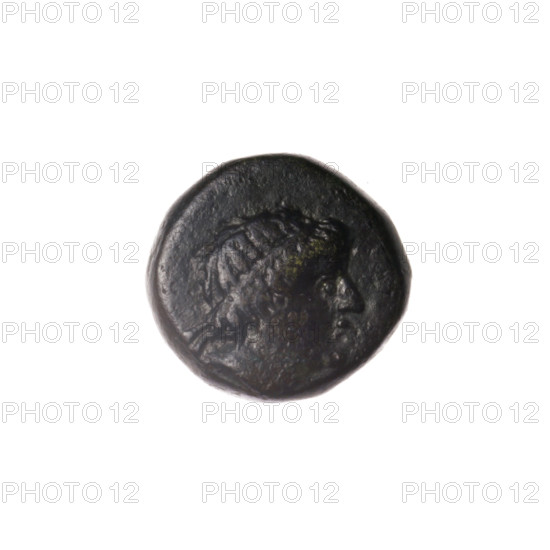 bronze coin, Pantikapaion; obverse: head of Apollo to the right; reverse: bow in a gorythos to the