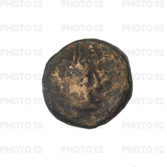 Bronze coin from Pantikapaion depicting head of Apollo with laurel wreath facing right on the