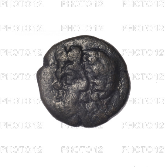 Bronze coin from Pantikapaion; obverse: head of bearded Satyr in ivy wreath facing left; reverse: