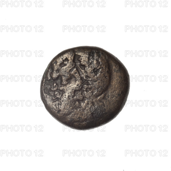 Bronze coin from Pantikapaion; obverse: head of bearded Satyr in ivy wreath facing left; reverse:
