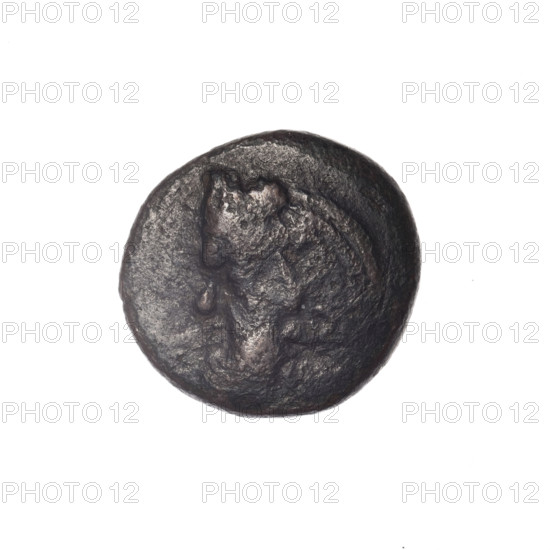 bronze coin, Pantikapaion, Dioscuri caps (iconographic), Satyr's head (iconographic), Black Sea,
