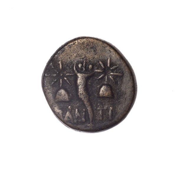 Bronze coin, Pantikapaion; obverse: head of a bearded Satyr in an ivy wreath facing left; reverse: