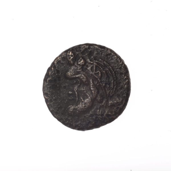 bronze coin, Pantikapaion; head of a bearded Satyr in an ivy wreath facing left (obverse);