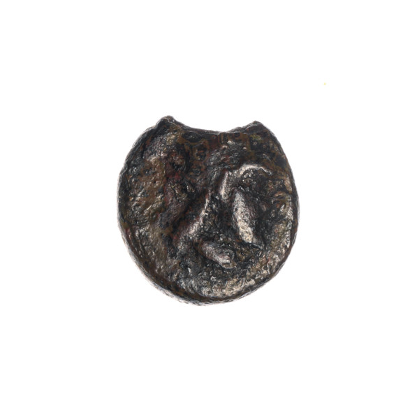 bronze coin, Pantikapaion; iconography: Dioscuri caps, Satyr's head; motifs: Satyr (mythology),
