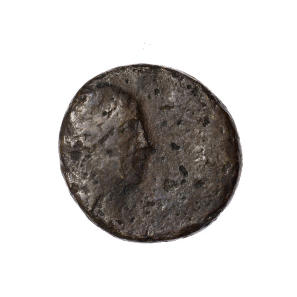 Bronze coin from Pantikapaion, obverse: head of Apollo in a laurel wreath facing right; behind it a