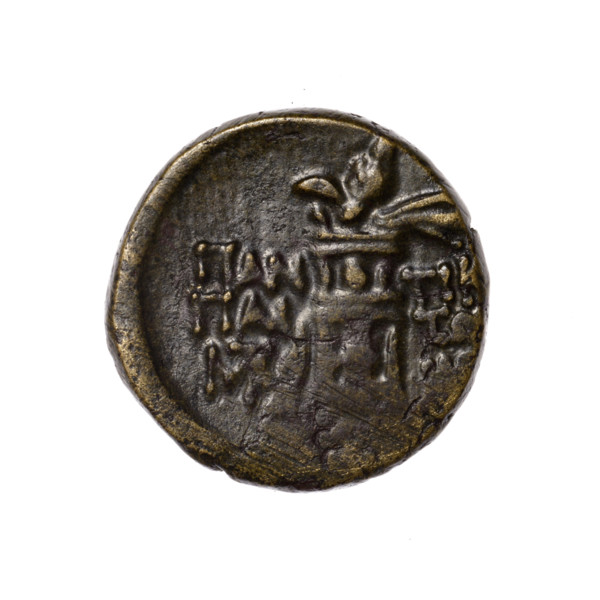 Bronze coin, Pantikapaion; head of Apollo (iconographic) in a laurel wreath to the right (obverse);