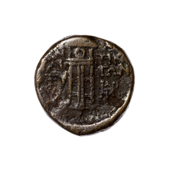 Bronze coin, Pantikapaion. Obverse: head of Apollo in a laurel wreath facing right. Reverse: