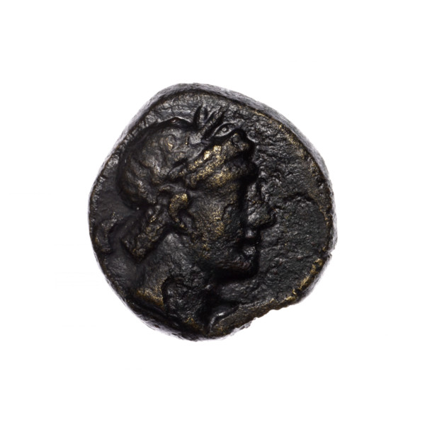 Bronze coin, Pantikapaion; obverse: head of Apollo in laurel wreath facing right; reverse: quiver