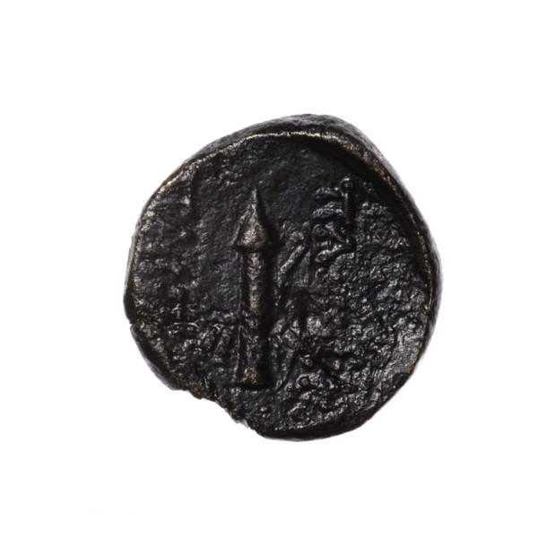 bronze coin, Pantikapaion; head of Apollo (iconographic) in laurel wreath facing right (obverse);
