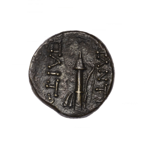 Bronze coin, Pantikapaion; obv: head of Apollo in laurel wreath facing right; rev: quiver with