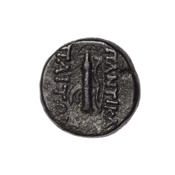 bronze coin, Pantikapaion; head of Apollo (iconographic); bows (armed); quivers; Black Sea; Apollo