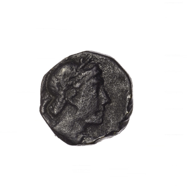 bronze coin, Pantikapaion; obv: head of Apollo in laurel wreath facing right; rev: quiver with