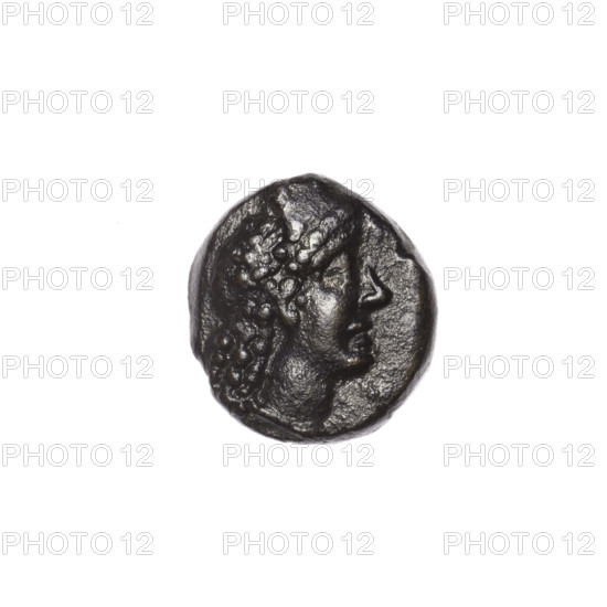 bronze coin, Pantikapaion; head of Apollo (iconographic) on obverse—head of Apollo in laurel wreath