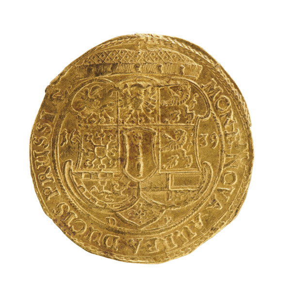 Ducat, David Koch. Obverse: male bust facing right with a beard and long hair, wearing decorative