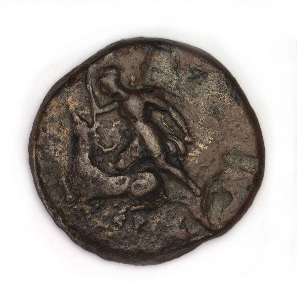 Bronze coin, Chersonesos, 300–290 BC. Obverse: Artemis (Deva) to the left thrusting a spear into a