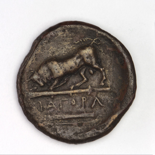 Bronze coin, Chersonesos, 300–290 BC. Obverse: Artemis to the left thrusting a spear into a