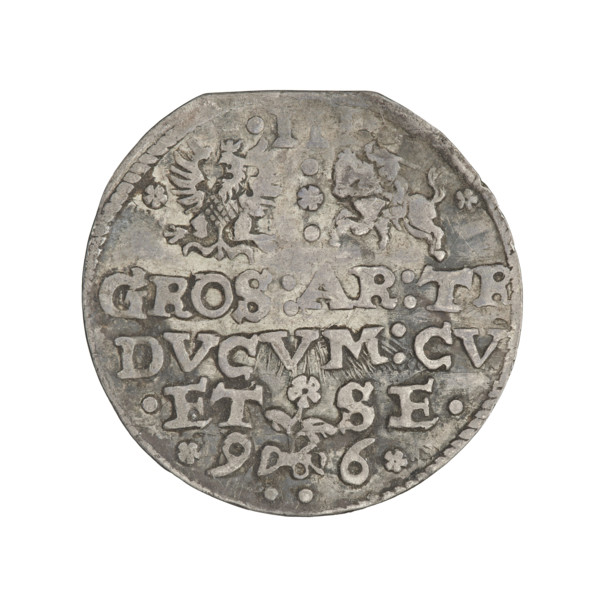 Trojak (with a bust of Frederick Kettler). Obverse: in border a male bust in armor decorated with a