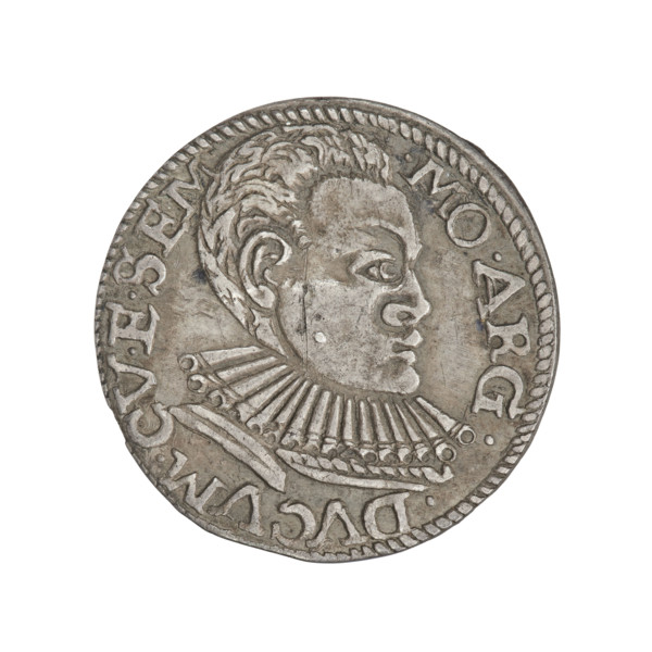 Trojak (with a bust of Frederick Kettler). Obverse: in the border a male bust in armor decorated