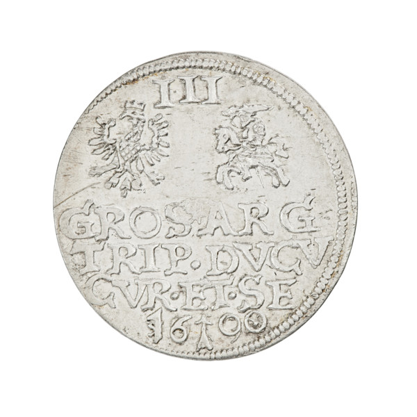 Trojak (with a bust of Wilhelm Kettler). Obverse: in the border a male bust with long hair and a