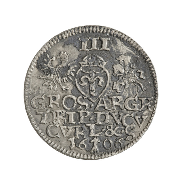 Trojak (with a bust of Wilhelm Kettler). Obverse: in the border a male bust facing right with long