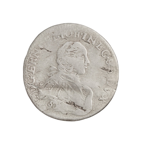 Obverse: In the border a male bust in armour girded with a sash and wearing a wig, turned to the