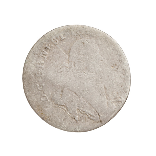 Obverse: In the border a male bust in armor girded with a sash and wearing a wig, turned to the