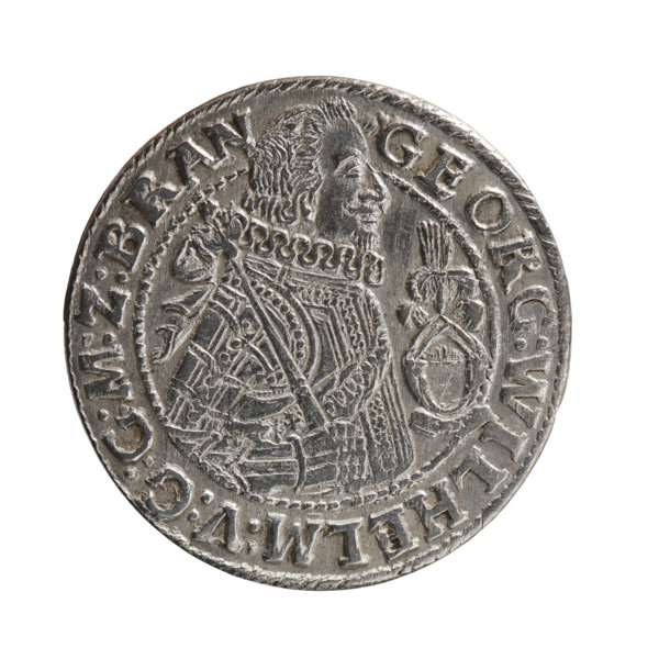 Obv. Bust in a wide ruff and armor facing right, girded with a sash. A sceptre in his right hand.