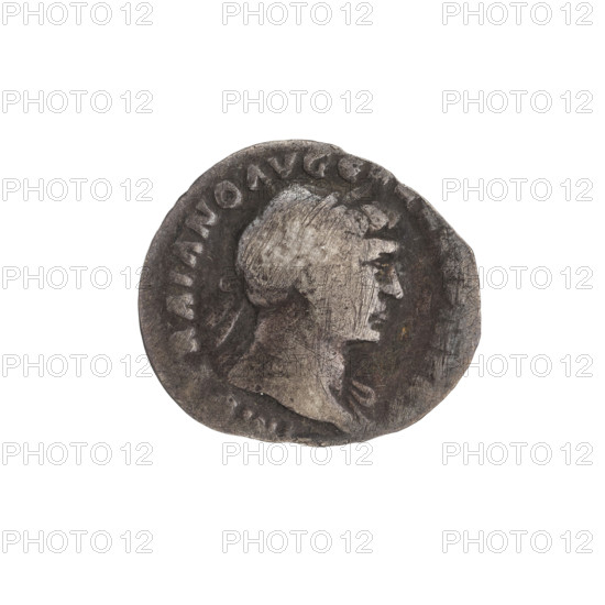 Denarius of Trajan (53–117; Roman emperor 98–117). Obverse: head of Trajan in laurel wreath facing