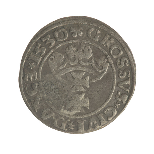 Gdansk grosz, Sigismund I the Old (King of Poland; 1506–1548). Polish coin (1530). Obverse: Crowned