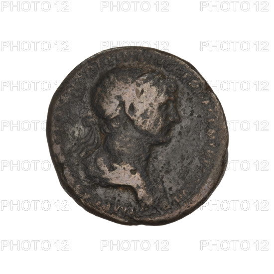 Trajan (53–117; Roman Emperor 98–117). Obverse: head of Trajan in a radiant crown; rim inscription