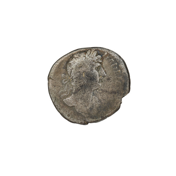 Denarius of Hadrian (76–138; Roman emperor 117–138). Obverse: Bust of Hadrian with laurel wreath