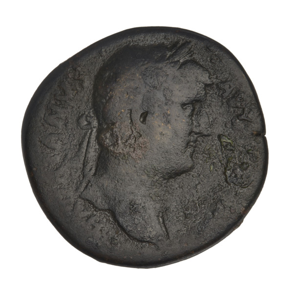 Sestertius of Hadrian (76–138; Roman emperor 117–138). Obverse: Bust of Hadrian with laurel wreath