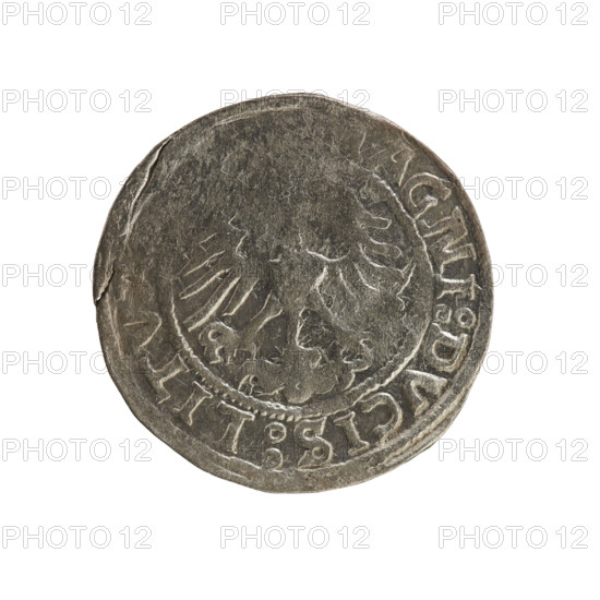Lithuanian half-grosz, Sigismund I the Old (King of Poland; 1506–1548). Obverse: Pogon turned left;