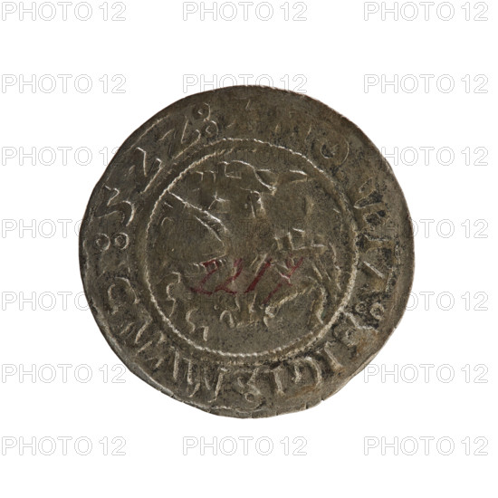 Lithuanian half-grosz, Sigismund I the Old (king of Poland; 1506–1548). Obverse: Chaser (coat of