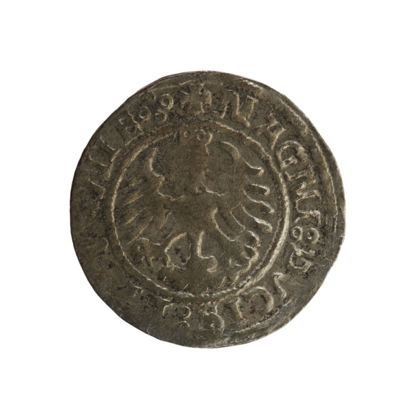 Lithuanian half-grosz, Sigismund I the Old (king of Poland; 1506–1548). Obverse: Chaser turned