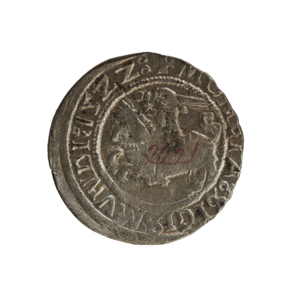Lithuanian half-grosz, Sigismund I the Old (King of Poland; 1506–1548). Obverse: Chaser (coat of