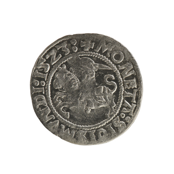 Lithuanian half-grosz, Sigismund I the Old (king of Poland; 1506–1548). Obverse: Pursuer turned